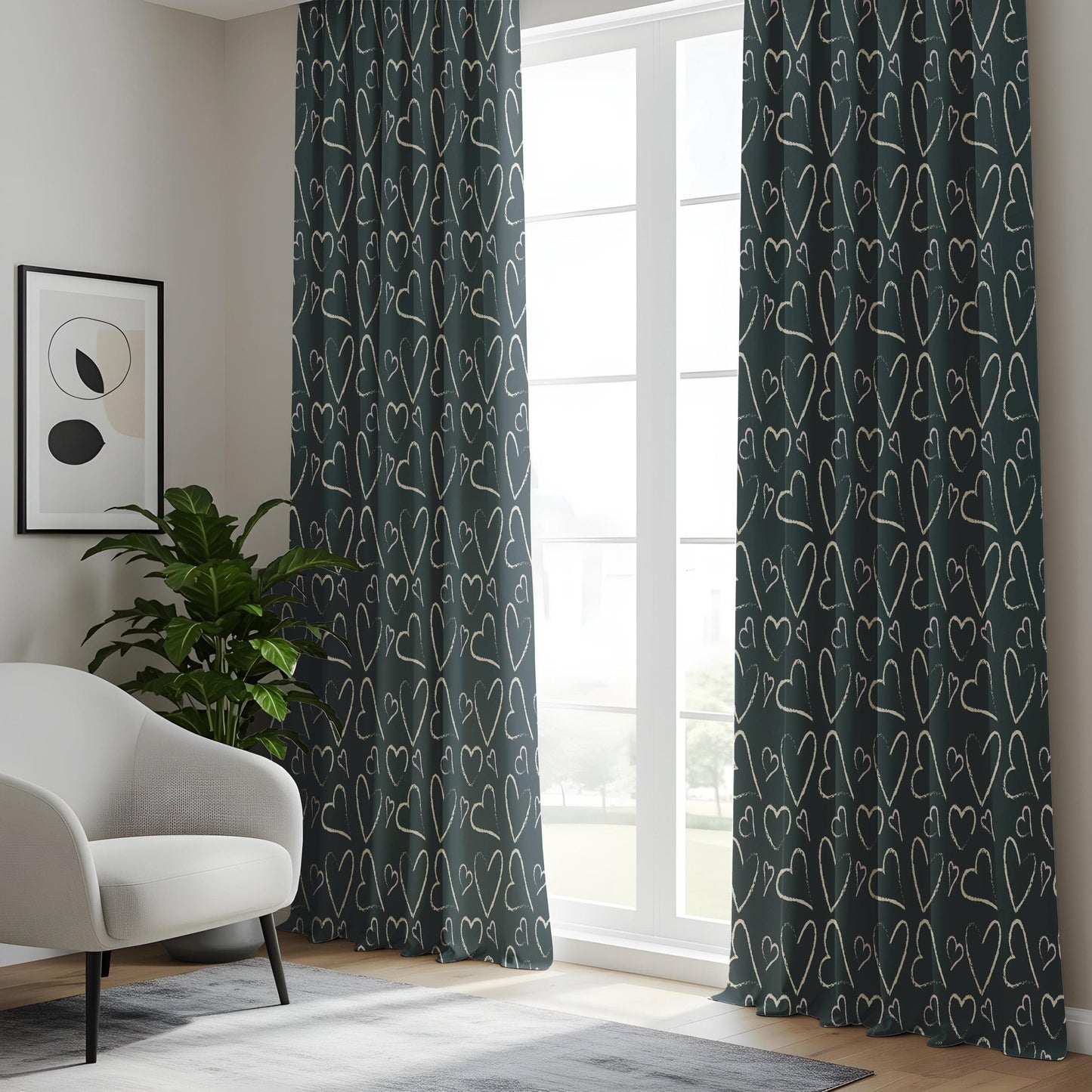 Onay Minimalist Heart Print Curtains, Dark Gray White Love Pattern Drapes