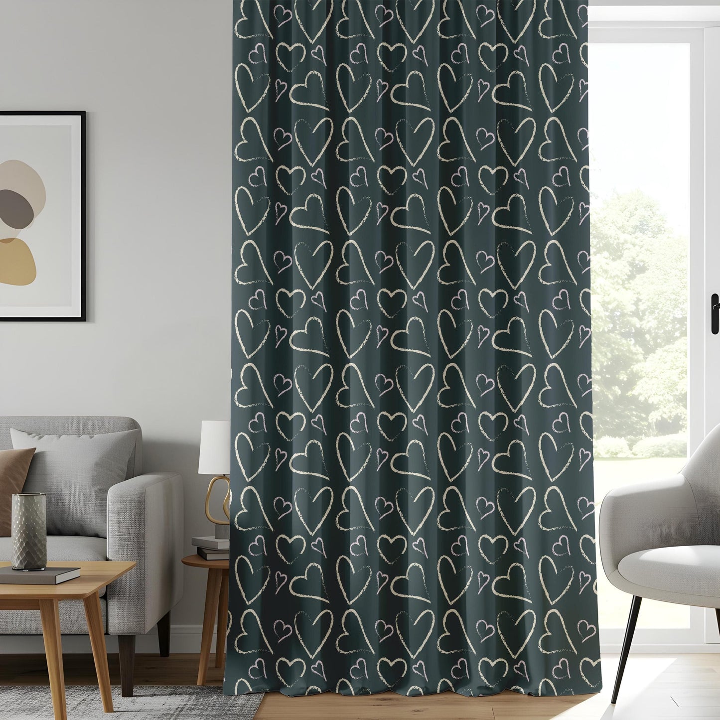 Onay Minimalist Heart Print Curtains, Dark Gray White Love Pattern Drapes
