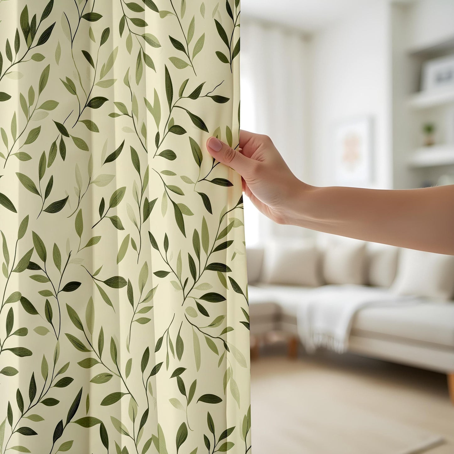 Onay Minimalist Leaf Print Curtains, Elegant Green Botanical Drapes