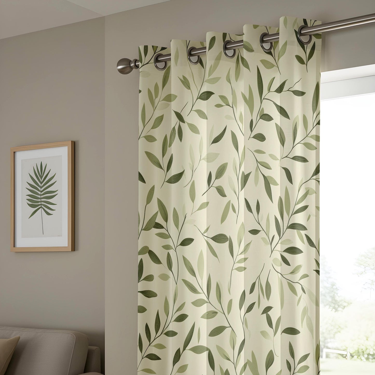 Onay Minimalist Leaf Print Curtains, Elegant Green Botanical Drapes