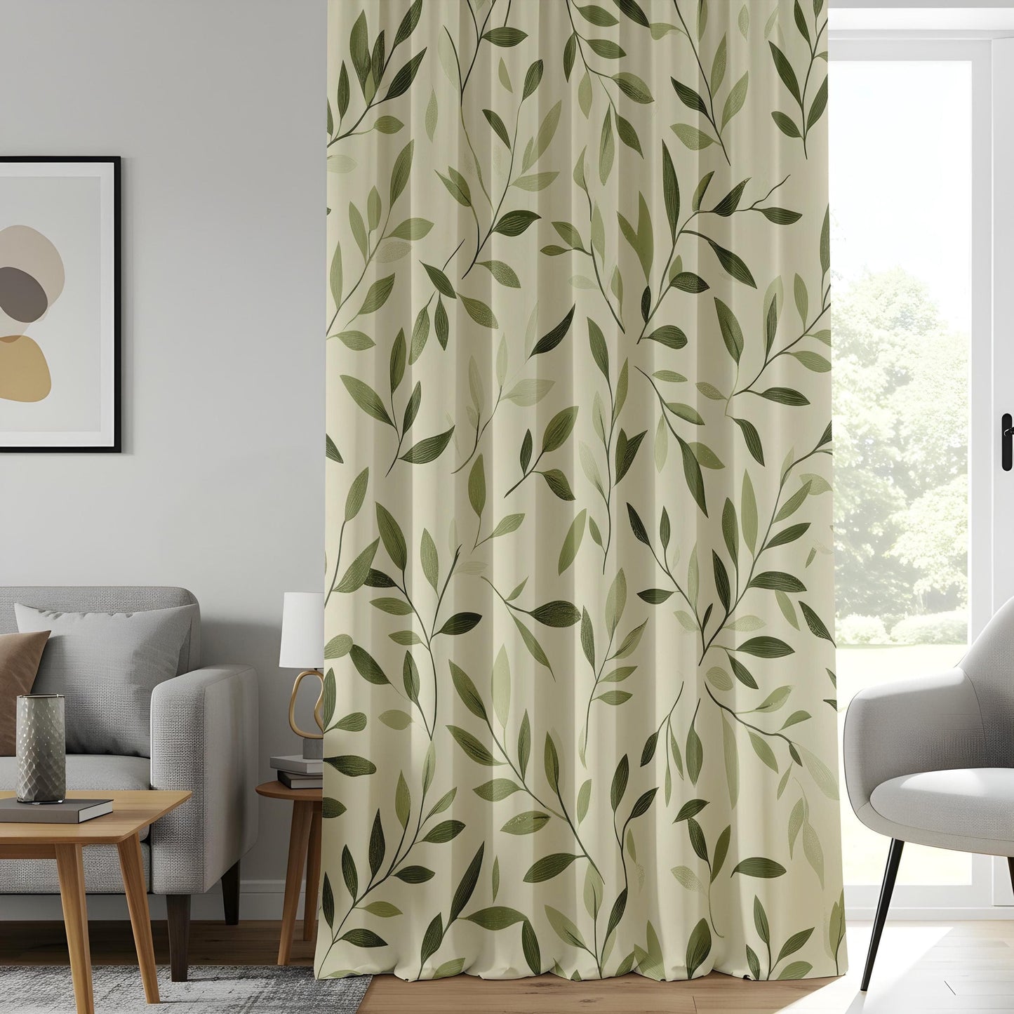 Onay Minimalist Leaf Print Curtains, Elegant Green Botanical Drapes