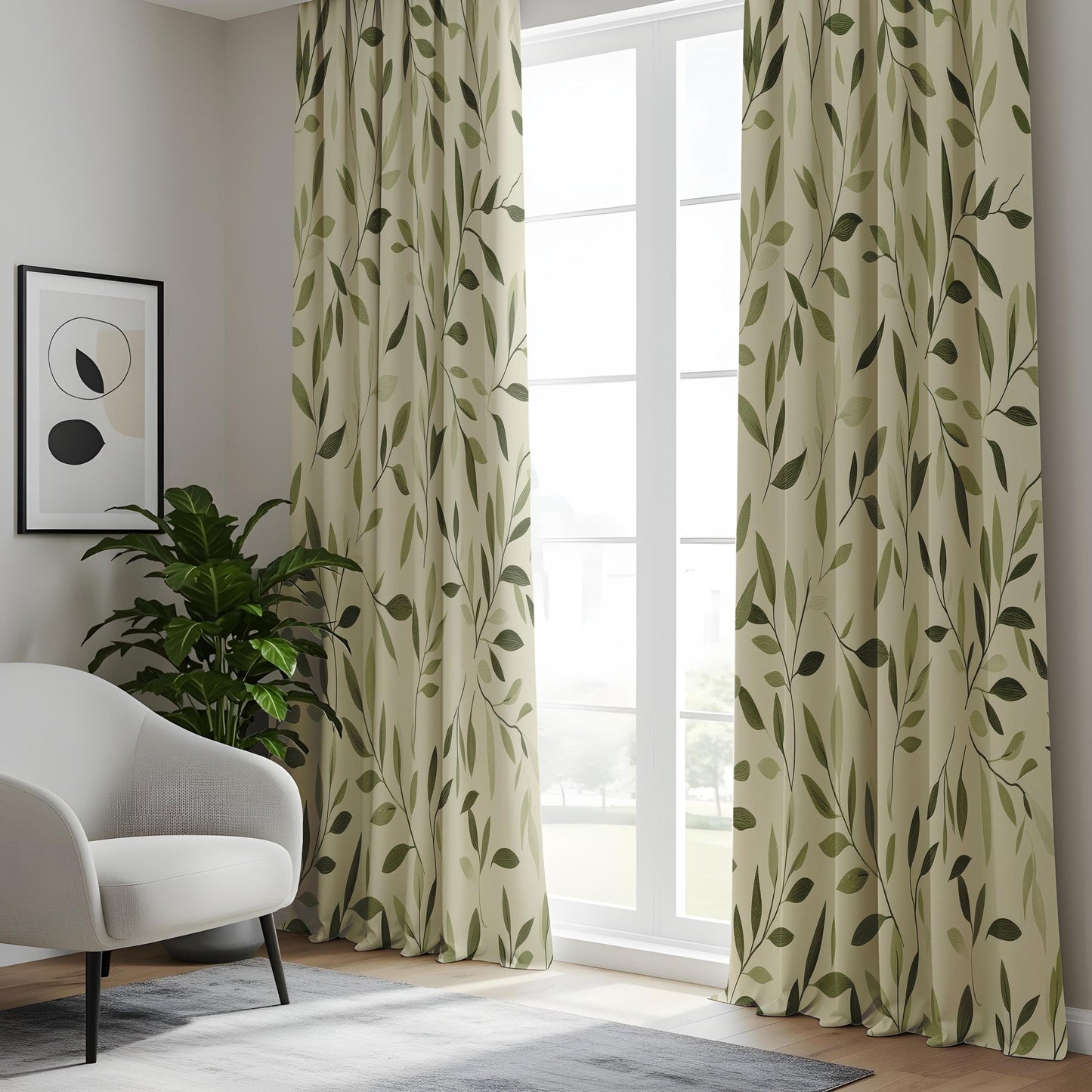 Onay Minimalist Leaf Print Curtains, Elegant Green Botanical Drapes