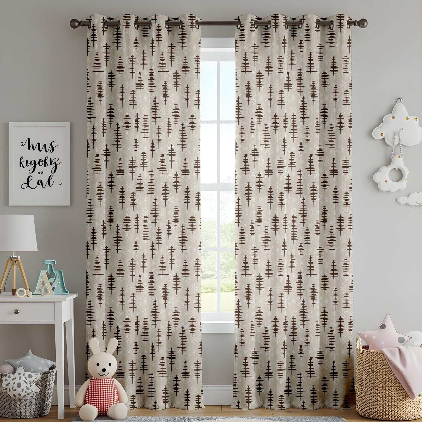 Onay Minimalist Pine Tree Curtains – Neutral Beige and Brown Drapes for Cozy Rustic Woodland Interiors