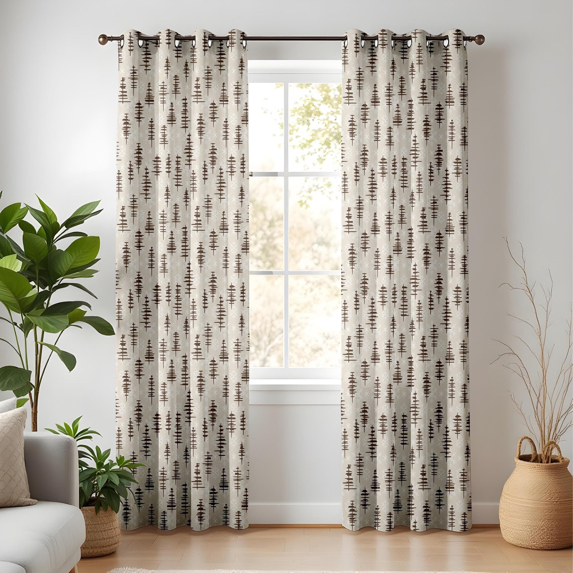 Onay Minimalist Pine Tree Curtains – Neutral Beige and Brown Drapes for Cozy Rustic Woodland Interiors