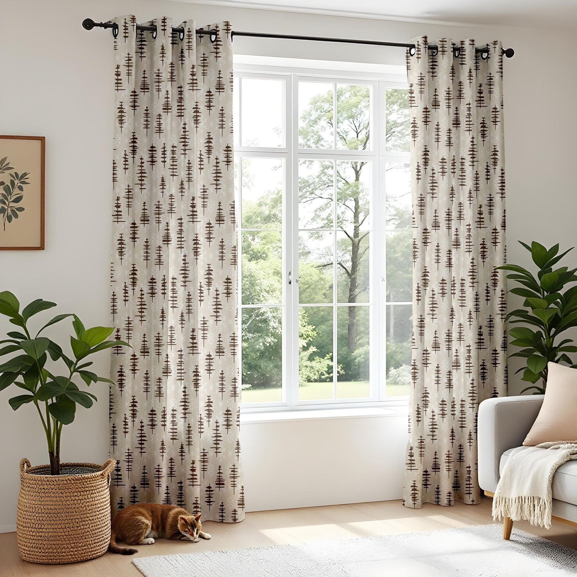 Onay Minimalist Pine Tree Curtains – Neutral Beige and Brown Drapes for Cozy Rustic Woodland Interiors