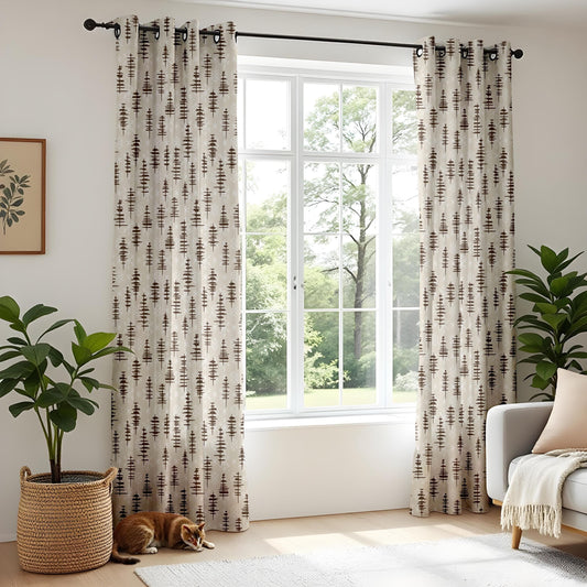 Onay Minimalist Pine Tree Curtains – Neutral Beige and Brown Drapes for Cozy Rustic Woodland Interiors