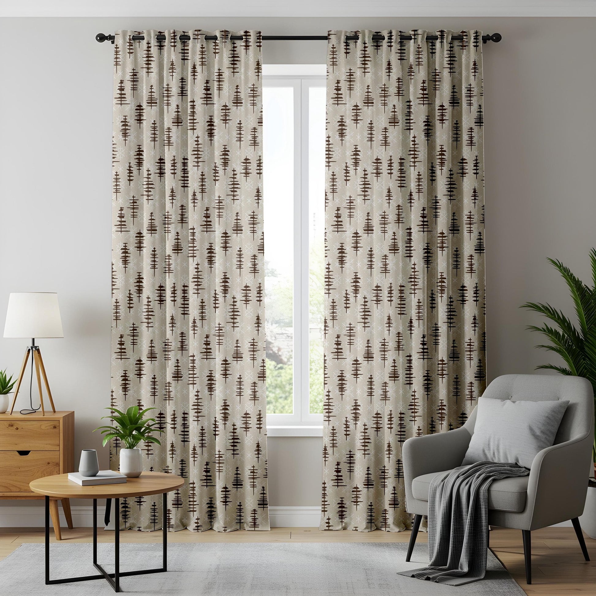Onay Minimalist Pine Tree Curtains – Neutral Beige and Brown Drapes for Cozy Rustic Woodland Interiors