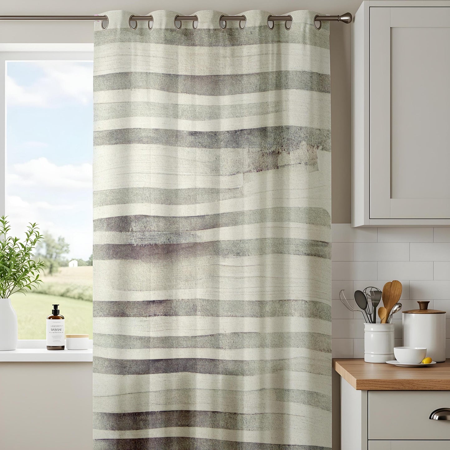 Onay Minimalist Watercolor Stripe Curtains, Neutral Green and Gray Living Room Drapes