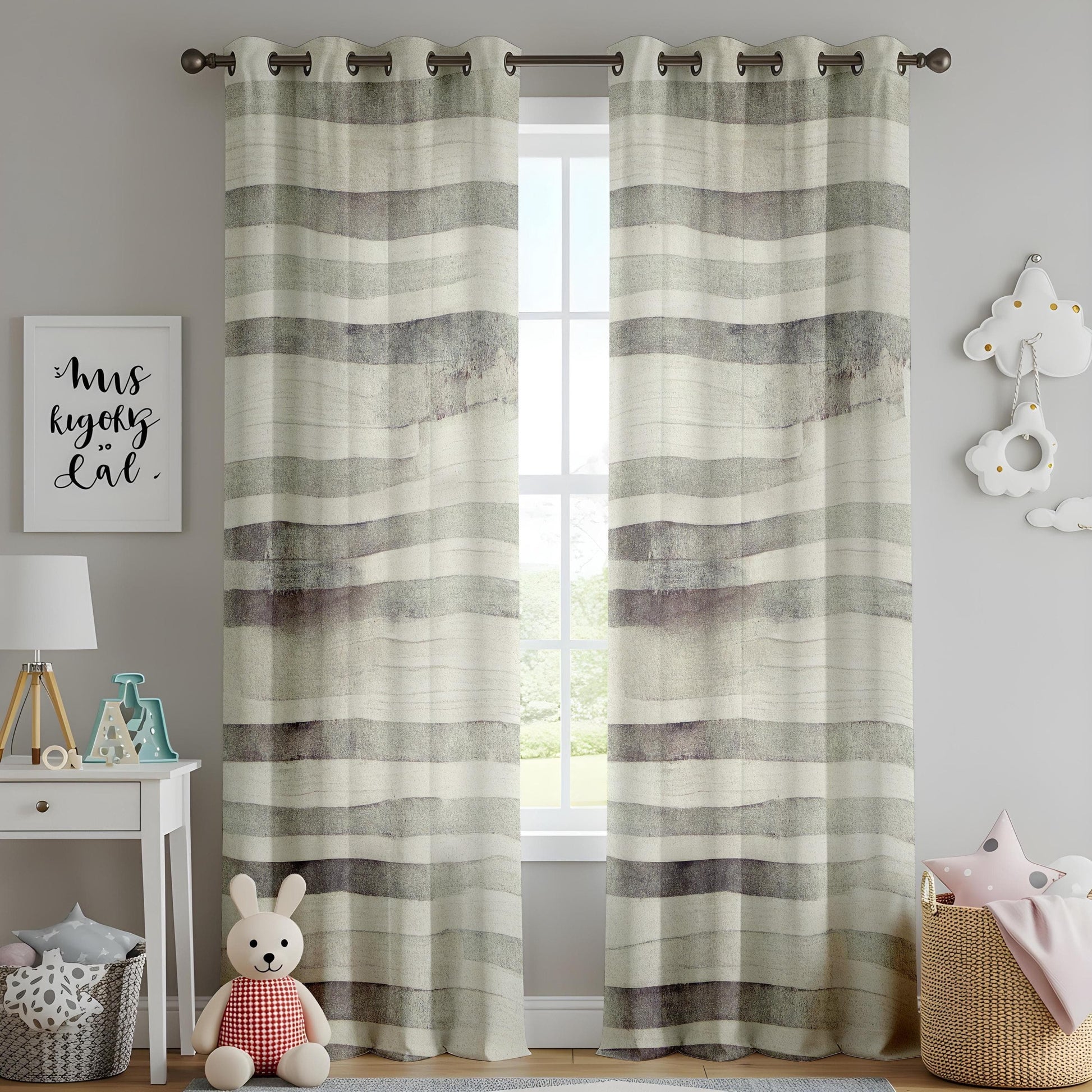 Onay Minimalist Watercolor Stripe Curtains, Neutral Green and Gray Living Room Drapes