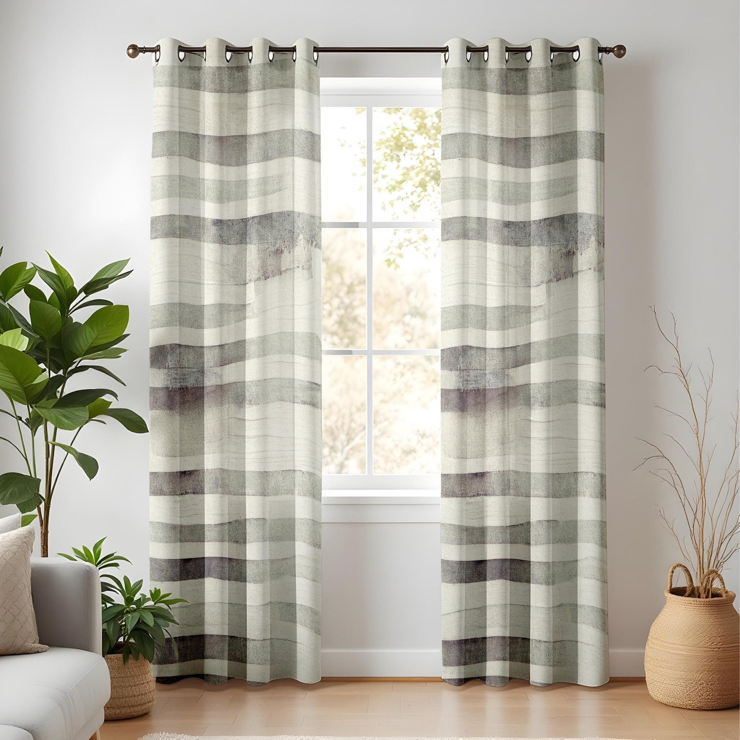 Onay Minimalist Watercolor Stripe Curtains, Neutral Green and Gray Living Room Drapes