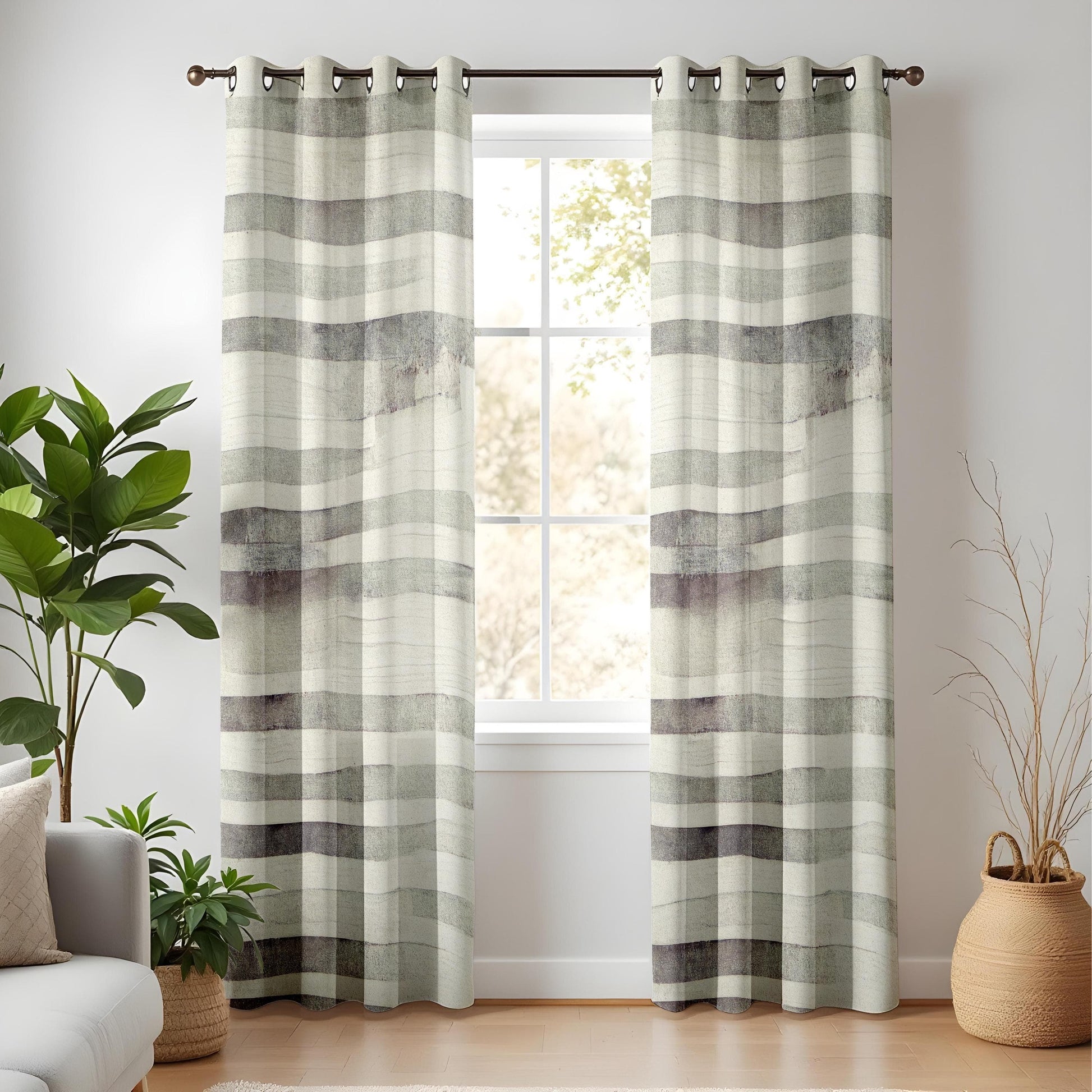 Onay Minimalist Watercolor Stripe Curtains, Neutral Green and Gray Living Room Drapes