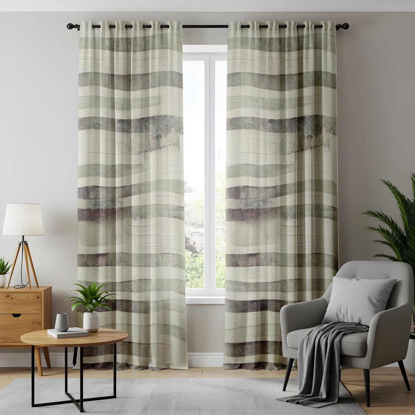 Onay Minimalist Watercolor Stripe Curtains, Neutral Green and Gray Living Room Drapes