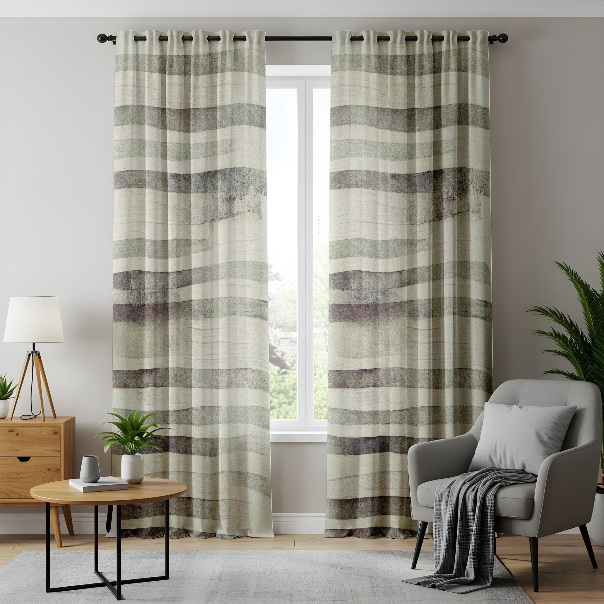 Onay Minimalist Watercolor Stripe Curtains, Neutral Green and Gray Living Room Drapes