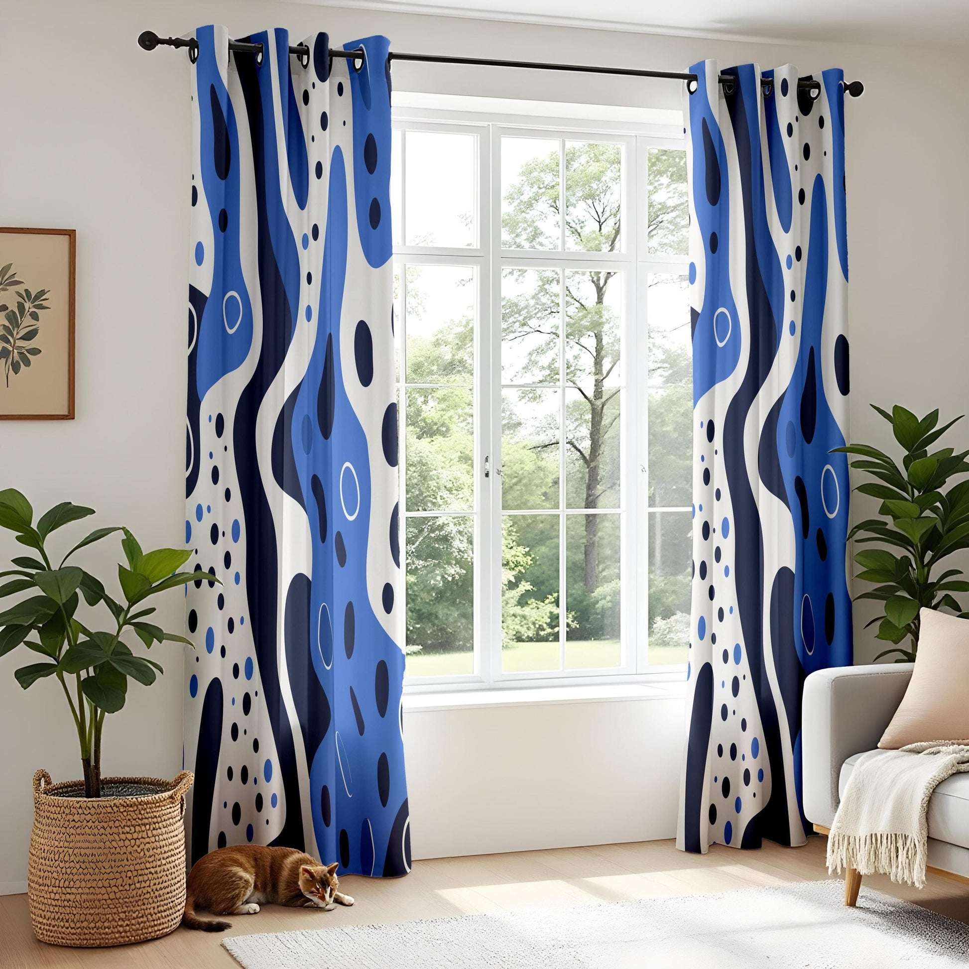 Onay Minimalist Wave Curtains – Abstract Blue Fluid Art Drapes