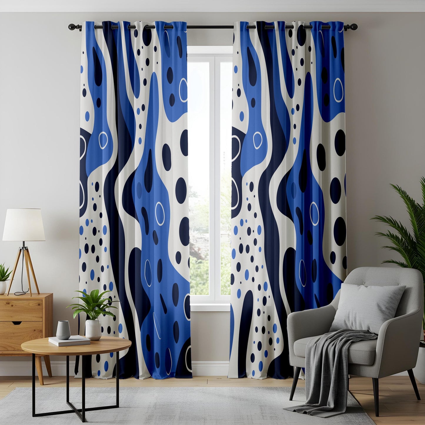 Onay Minimalist Wave Curtains – Abstract Blue Fluid Art Drapes