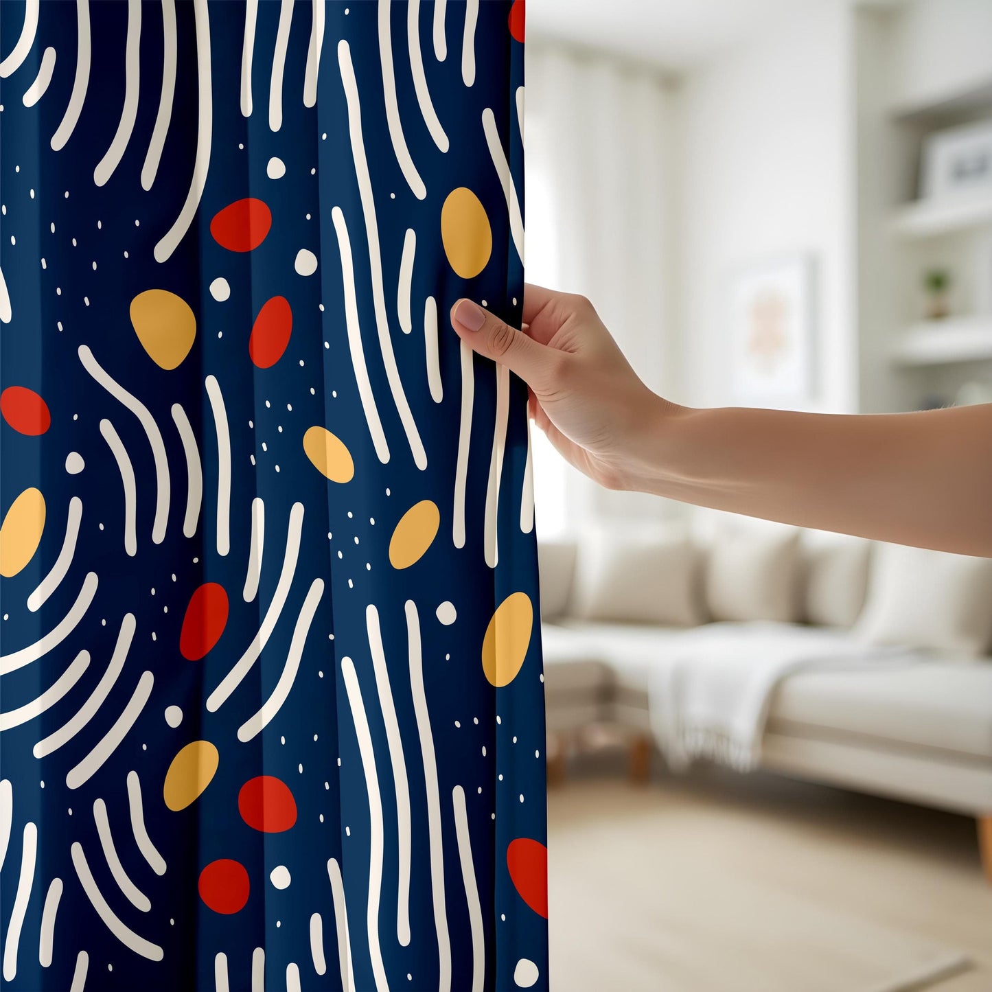 Onay Modern Abstract Blue Curtains – Scandinavian Drapes with Red and Yellow Accents