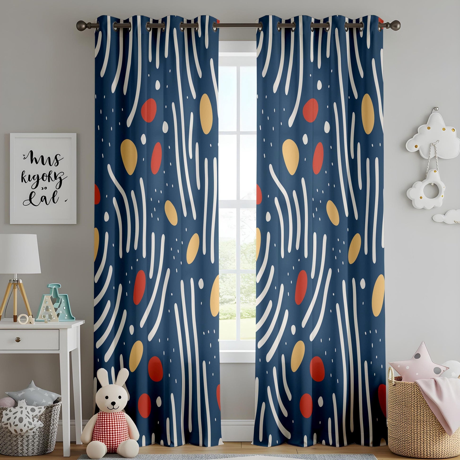 Onay Modern Abstract Blue Curtains – Scandinavian Drapes with Red and Yellow Accents