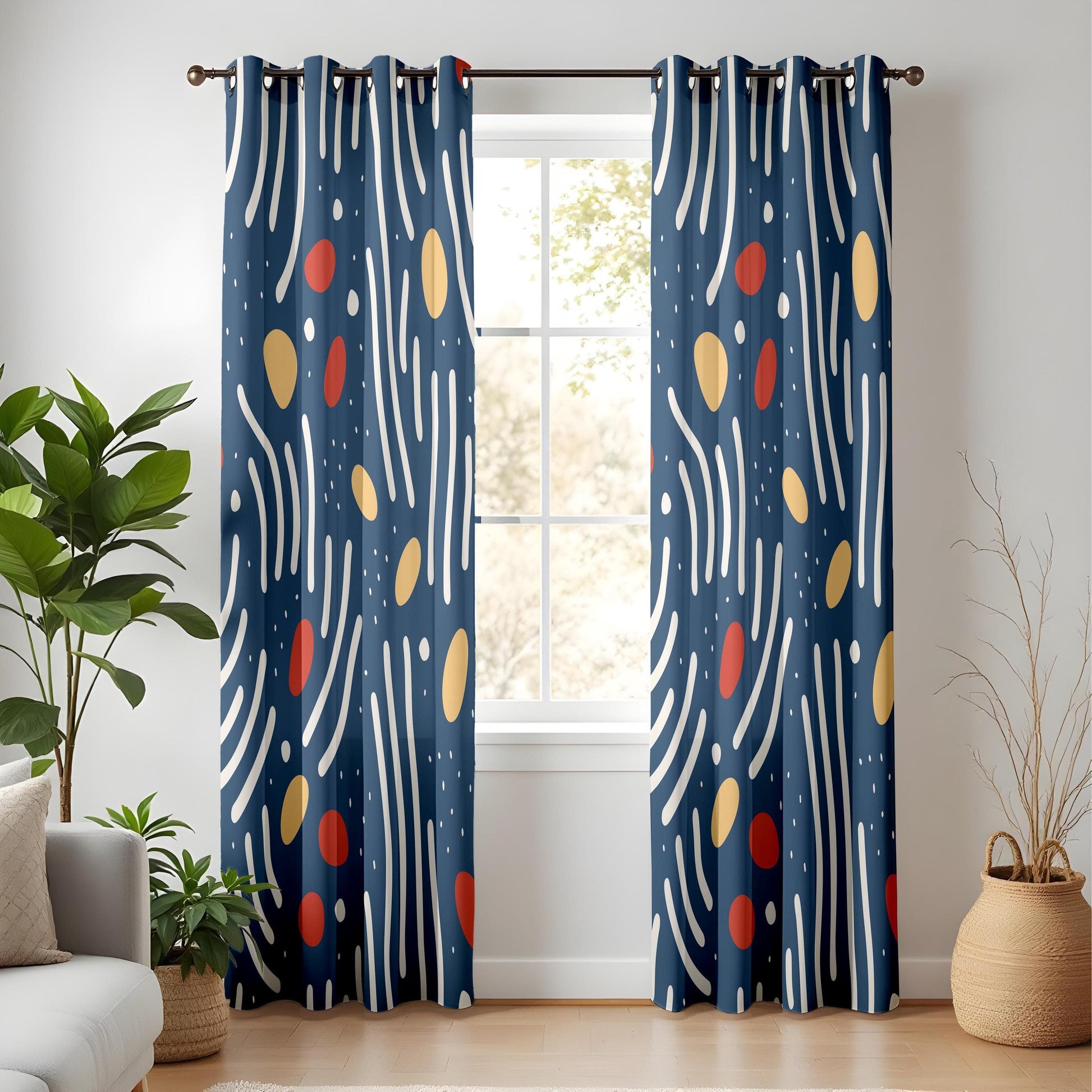 Onay Modern Abstract Blue Curtains – Scandinavian Drapes with Red and Yellow Accents