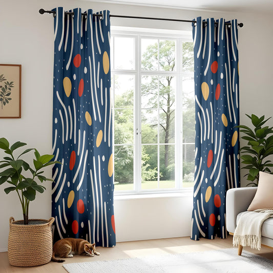 Onay Modern Abstract Blue Curtains – Scandinavian Drapes with Red and Yellow Accents