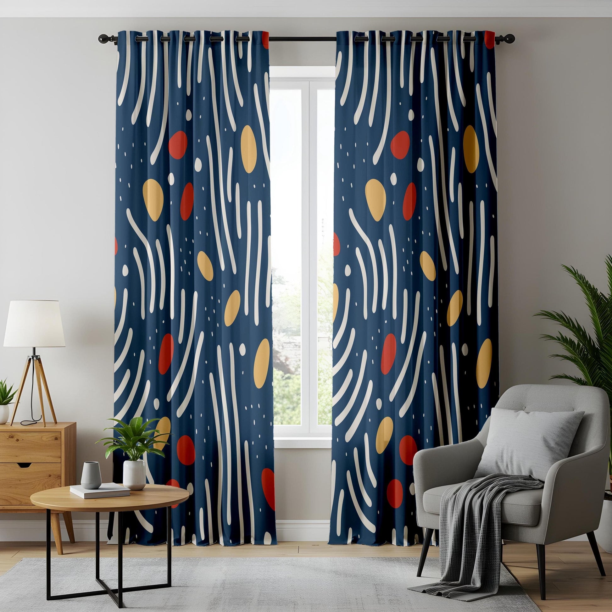 Onay Modern Abstract Blue Curtains – Scandinavian Drapes with Red and Yellow Accents