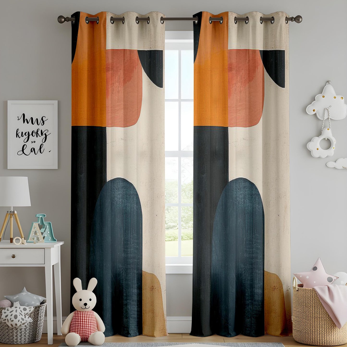 Onay Modern Abstract Curtains – Bold Geometric Color Block Drapes in Black, Orange & Beige