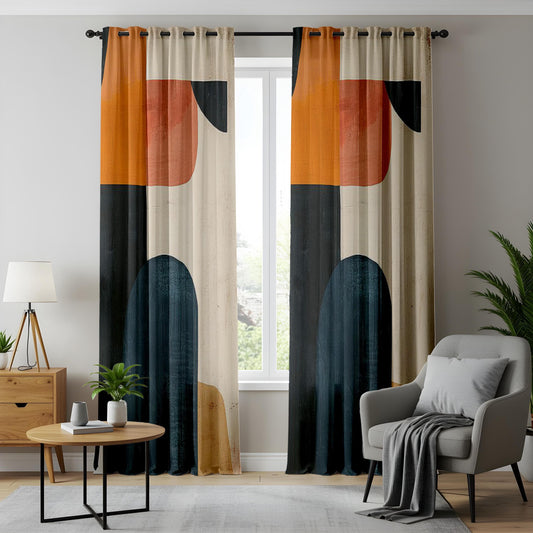 Onay Modern Abstract Curtains – Bold Geometric Color Block Drapes in Black, Orange & Beige