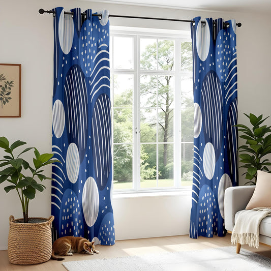 Onay Modern Abstract Curtains – Navy Blue Geometric Dot & Line Drapes