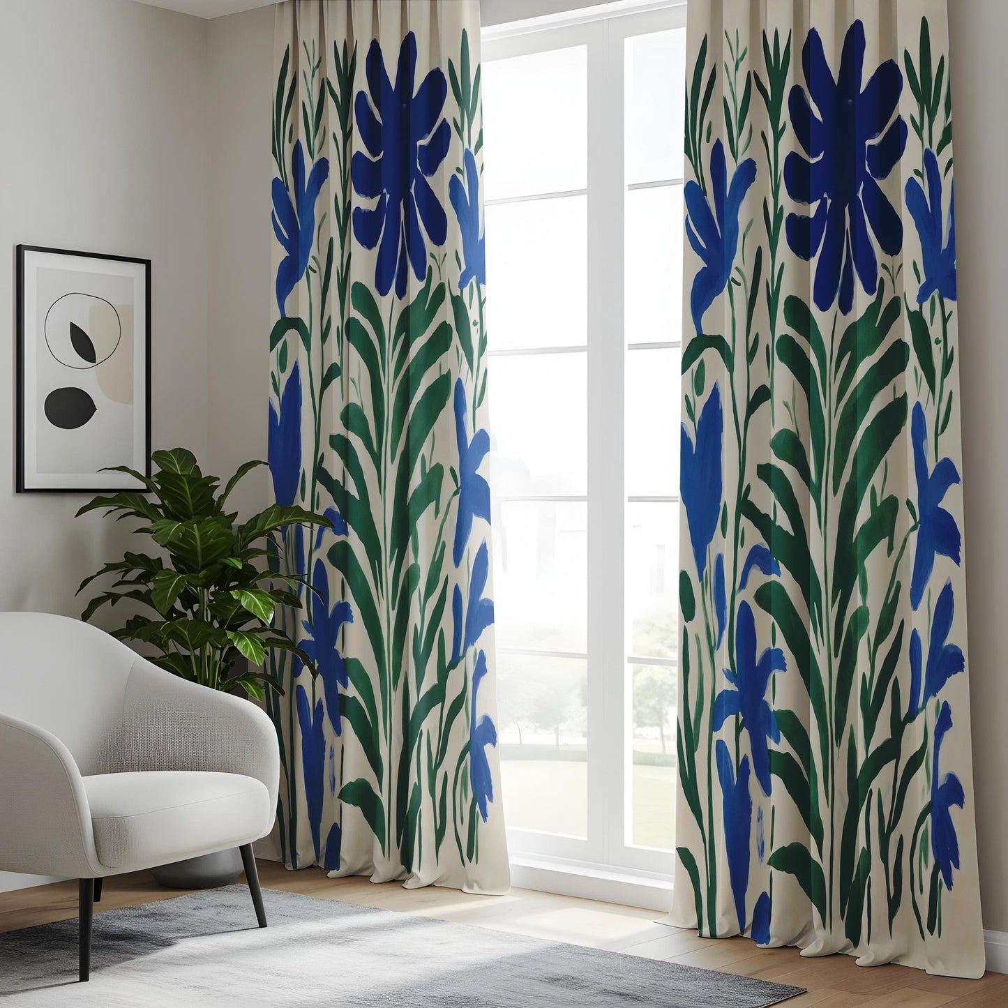 Onay Modern Abstract Floral Curtains – Blue Botanical & Green Leaf Drapes