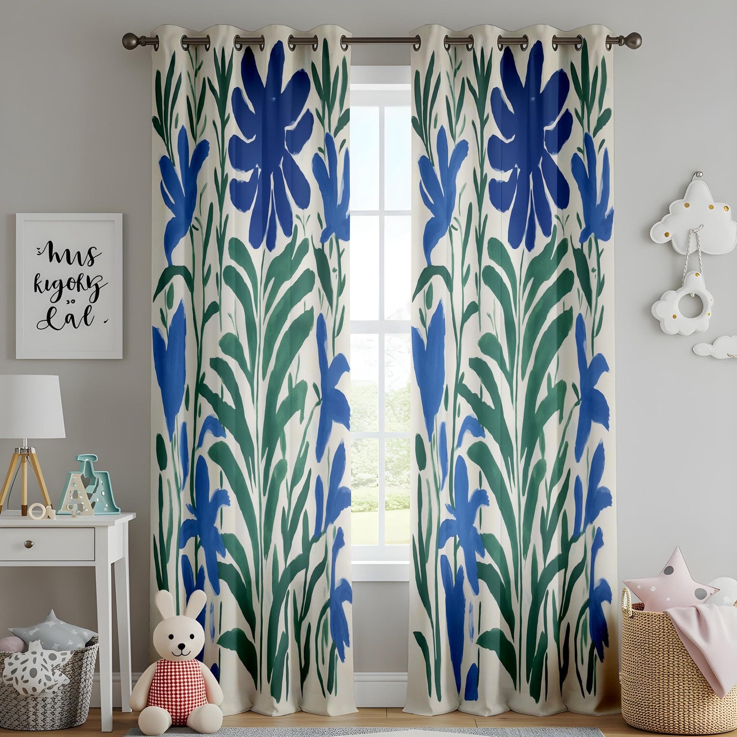 Onay Modern Abstract Floral Curtains – Blue Botanical & Green Leaf Drapes