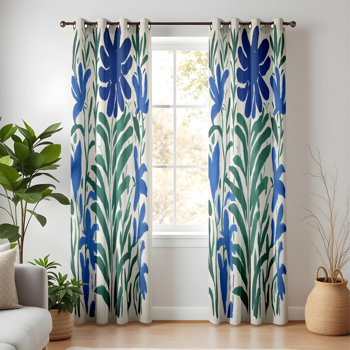 Onay Modern Abstract Floral Curtains – Blue Botanical & Green Leaf Drapes