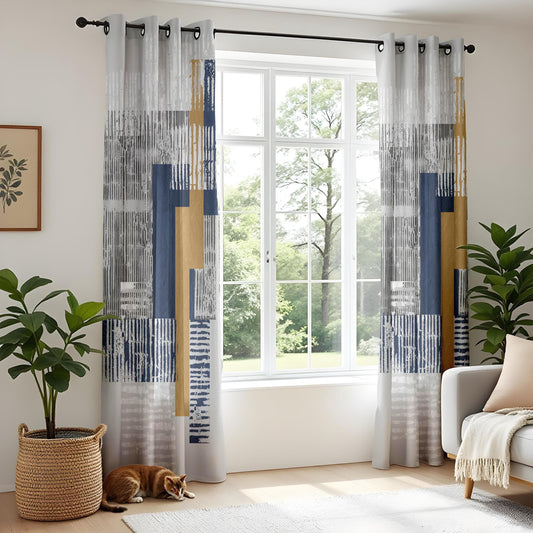 Onay Modern Abstract Geometric Curtains – Blue and Gold Drapes with Textured Artistic Design