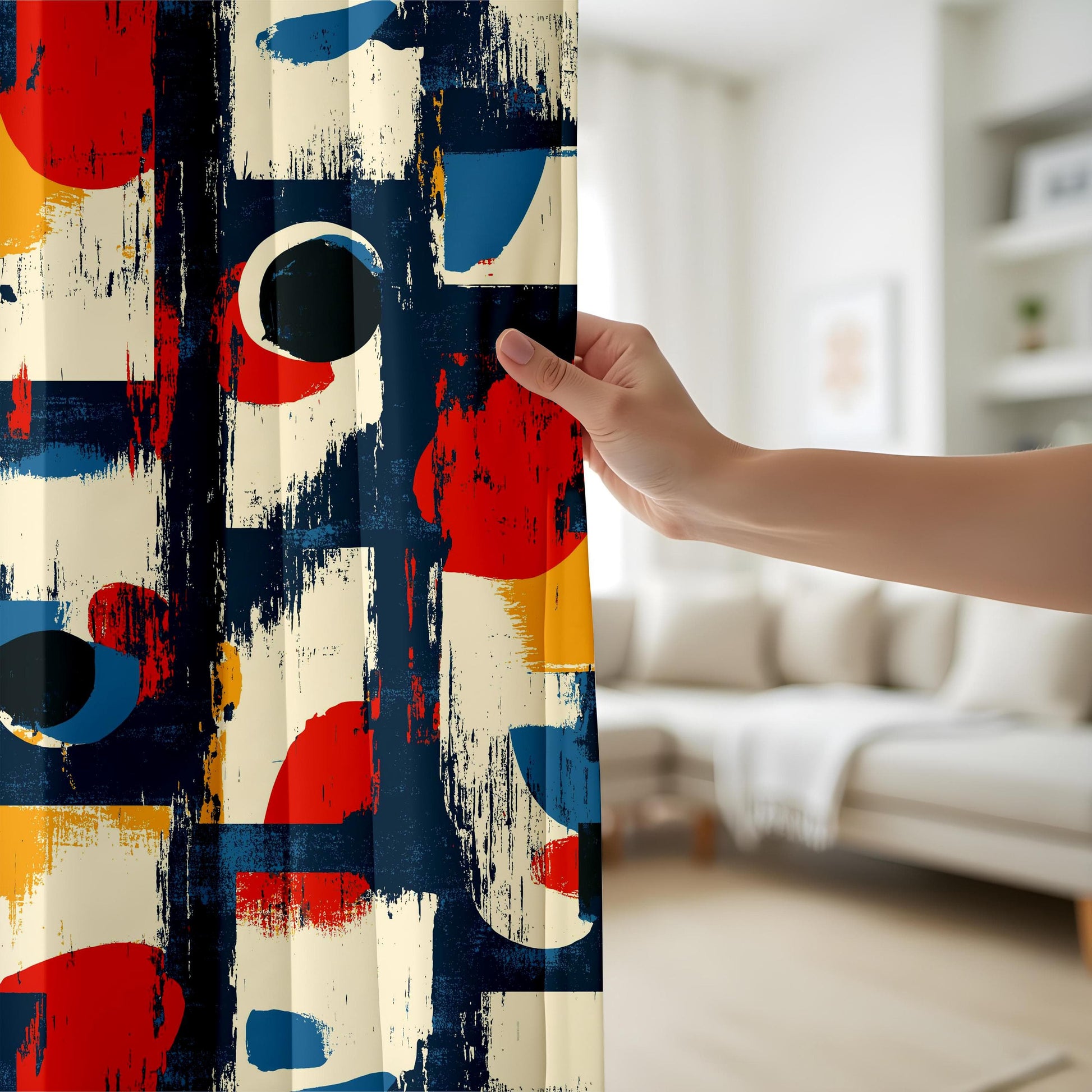 Onay Modern Abstract Geometric Curtains – Bold Red, Blue & Yellow Brushstroke Drapes