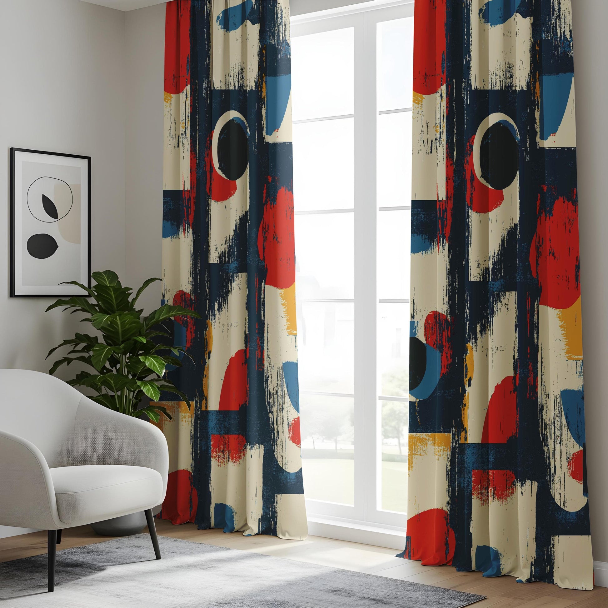 Onay Modern Abstract Geometric Curtains – Bold Red, Blue & Yellow Brushstroke Drapes