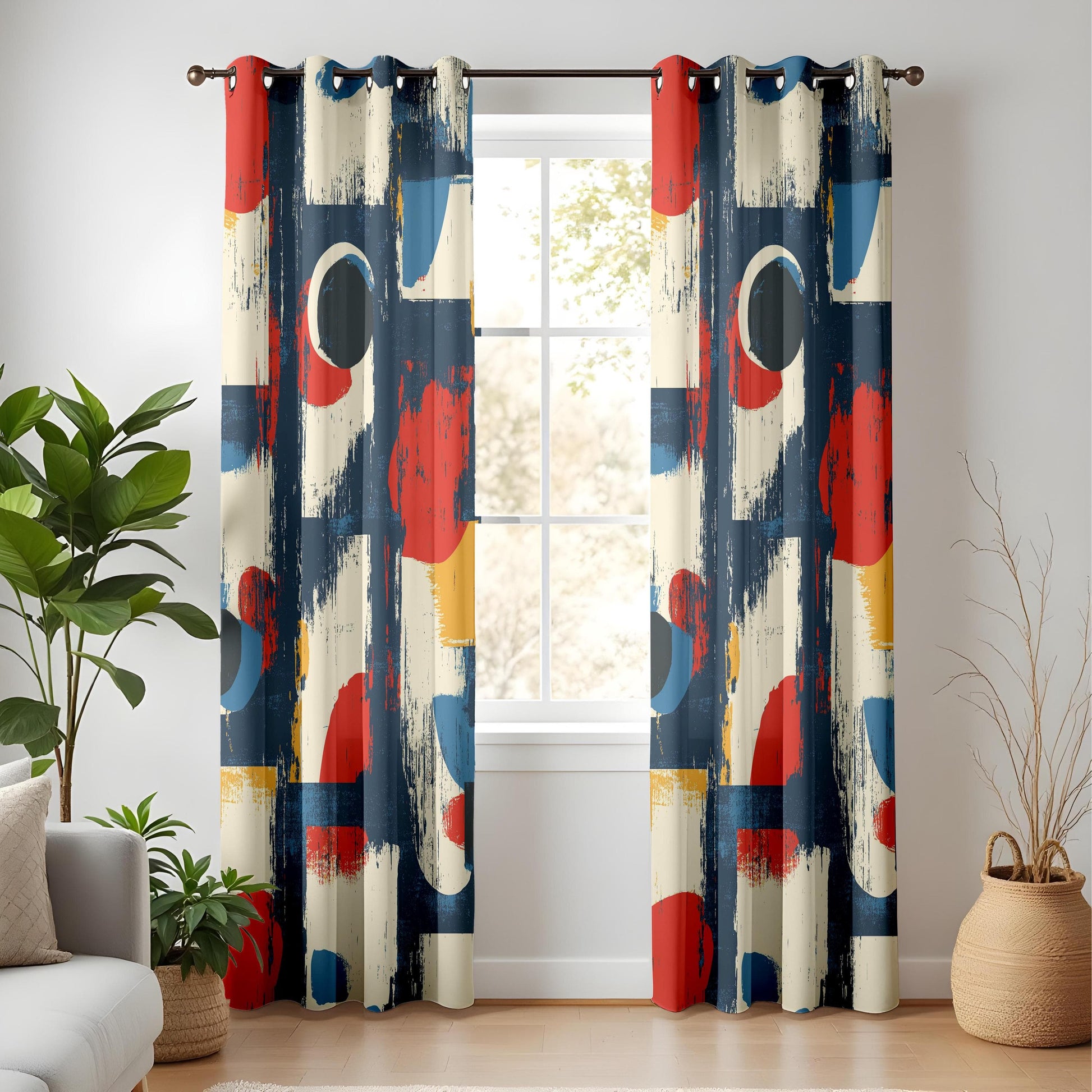 Onay Modern Abstract Geometric Curtains – Bold Red, Blue & Yellow Brushstroke Drapes