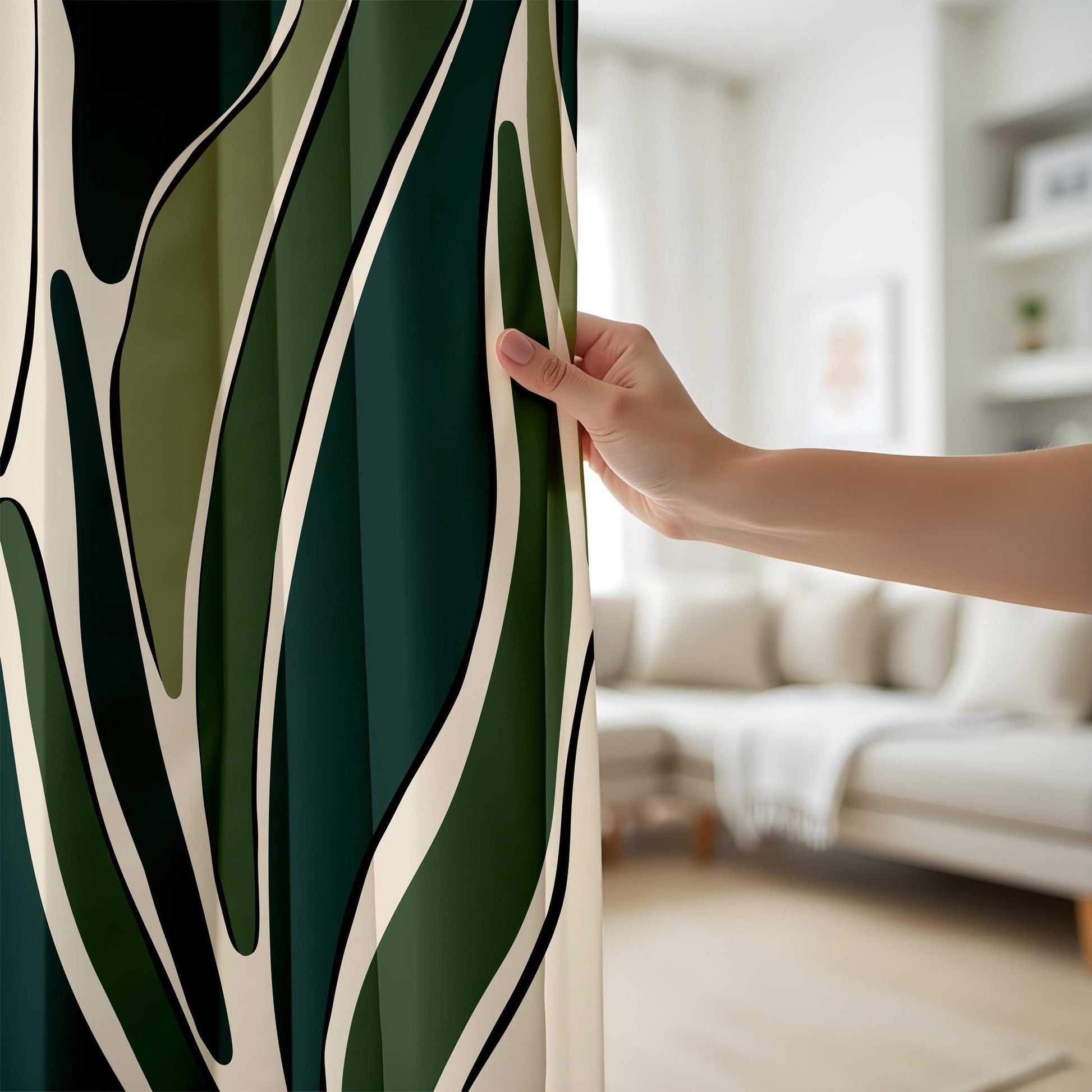 Onay Modern Abstract Green Curtains – Minimal Leaf Pattern Drapes for Botanical-Inspired Home Decor