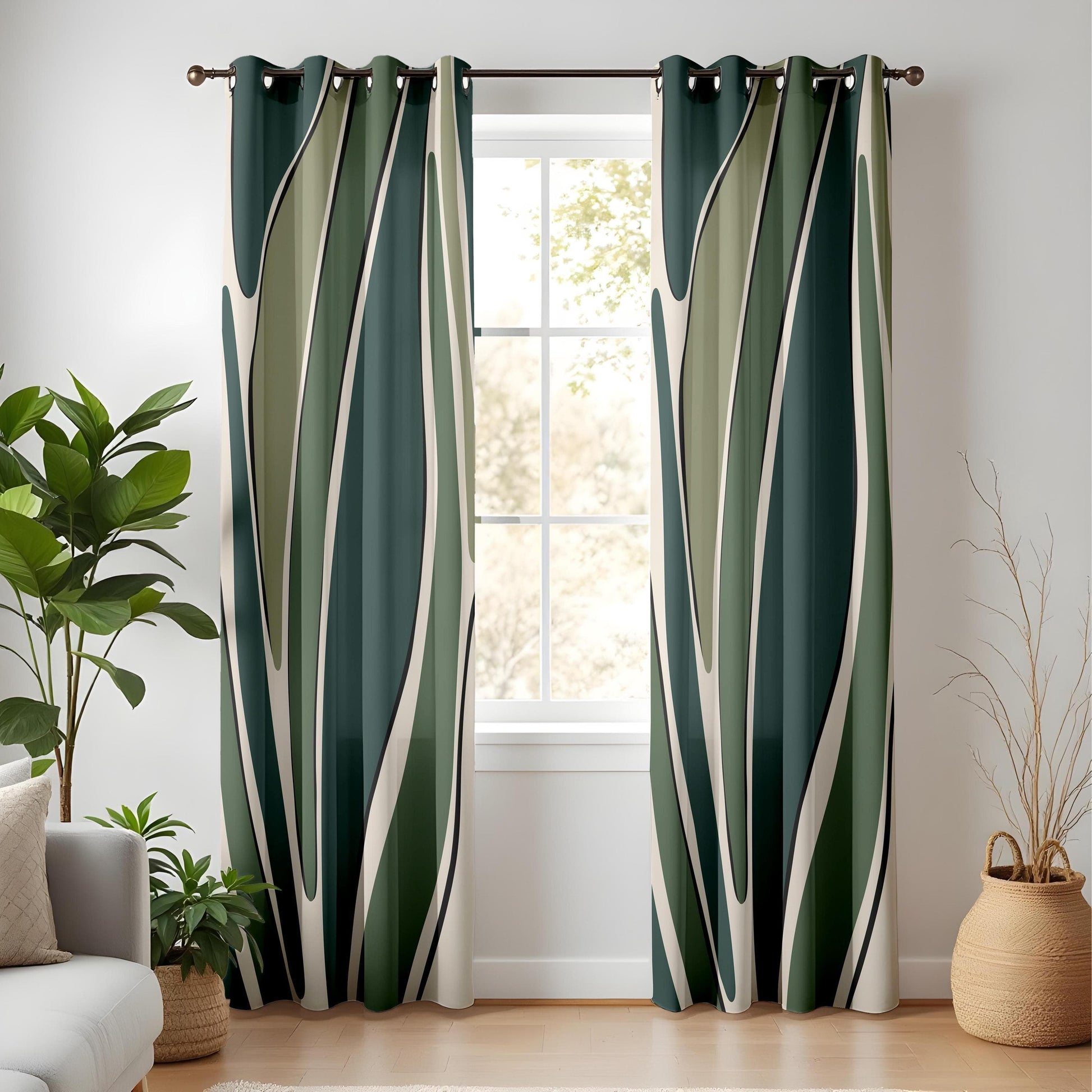 Onay Modern Abstract Green Curtains – Minimal Leaf Pattern Drapes for Botanical-Inspired Home Decor