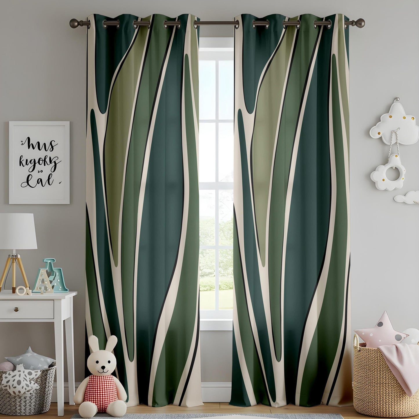 Onay Modern Abstract Green Curtains – Minimal Leaf Pattern Drapes for Botanical-Inspired Home Decor