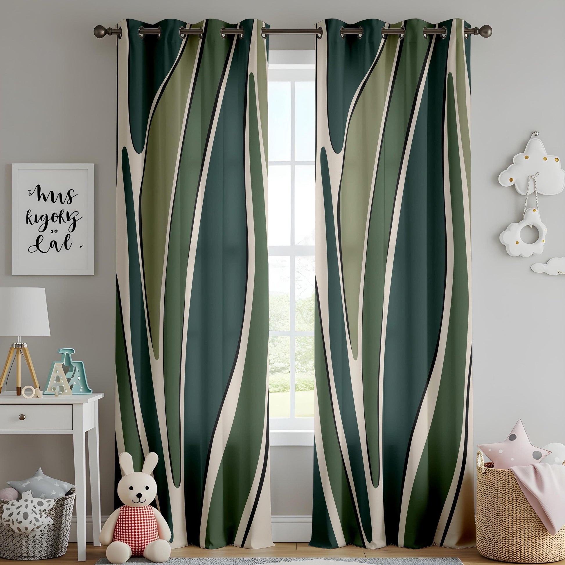Onay Modern Abstract Green Curtains – Minimal Leaf Pattern Drapes for Botanical-Inspired Home Decor