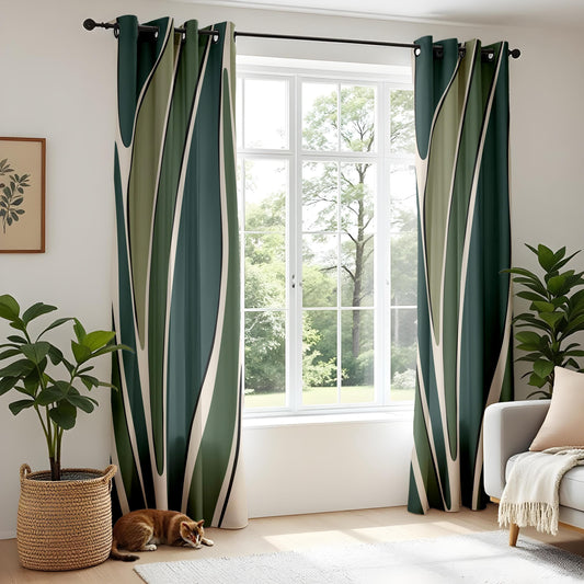 Onay Modern Abstract Green Curtains – Minimal Leaf Pattern Drapes for Botanical-Inspired Home Decor
