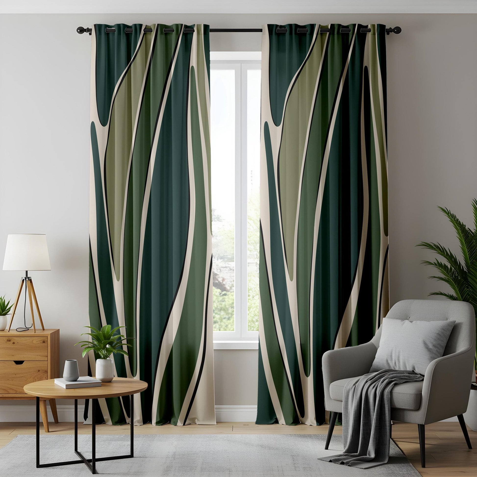 Onay Modern Abstract Green Curtains – Minimal Leaf Pattern Drapes for Botanical-Inspired Home Decor