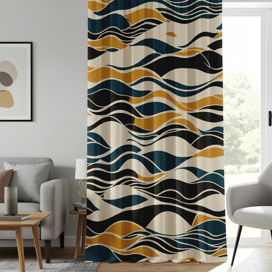 Onay Modern Abstract Wave Curtains, Navy and Mustard Flowing Lines Drapes