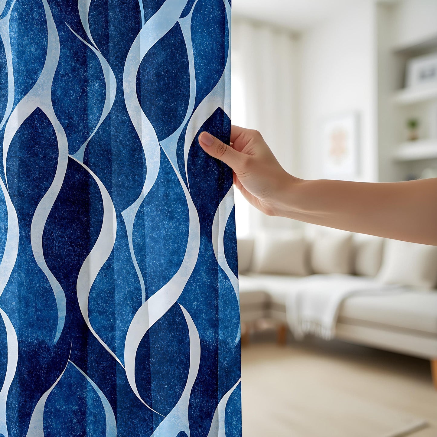 Onay Modern Blue Wave Pattern Curtains, Abstract Ocean-Inspired Window Drapes