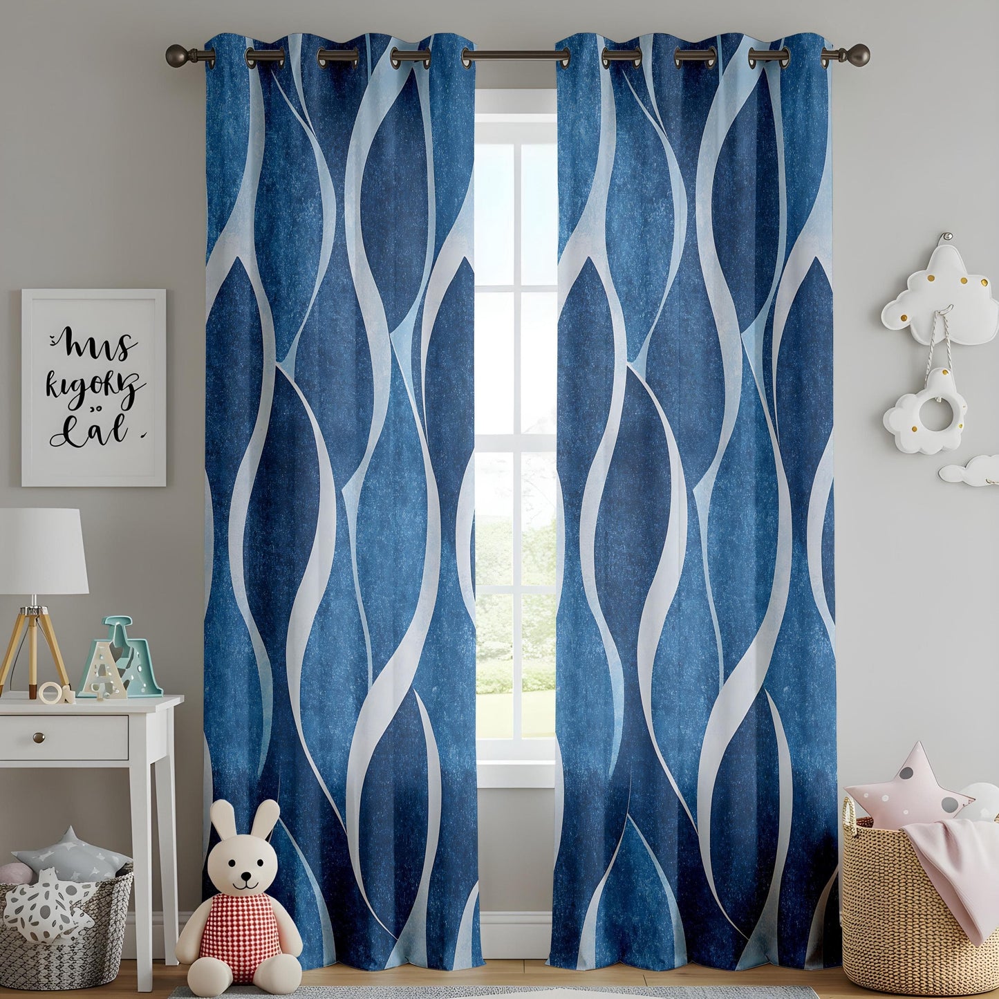 Onay Modern Blue Wave Pattern Curtains, Abstract Ocean-Inspired Window Drapes