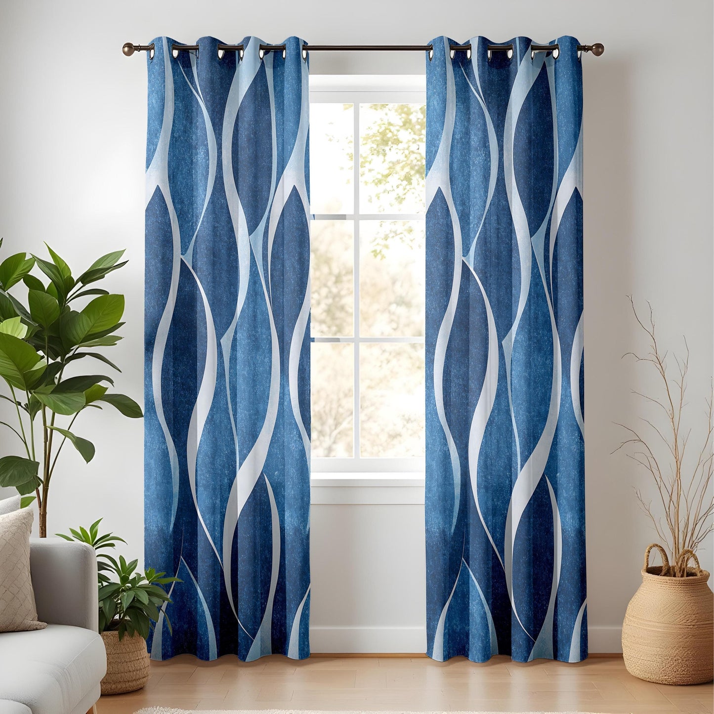 Onay Modern Blue Wave Pattern Curtains, Abstract Ocean-Inspired Window Drapes