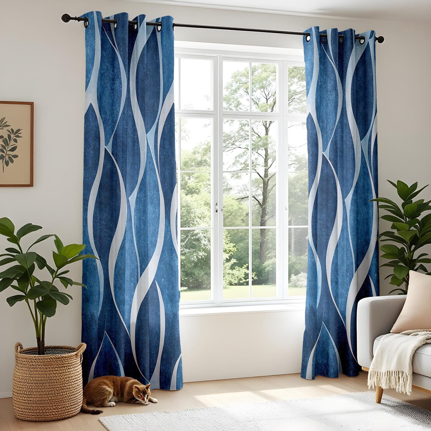 Onay Modern Blue Wave Pattern Curtains, Abstract Ocean-Inspired Window Drapes