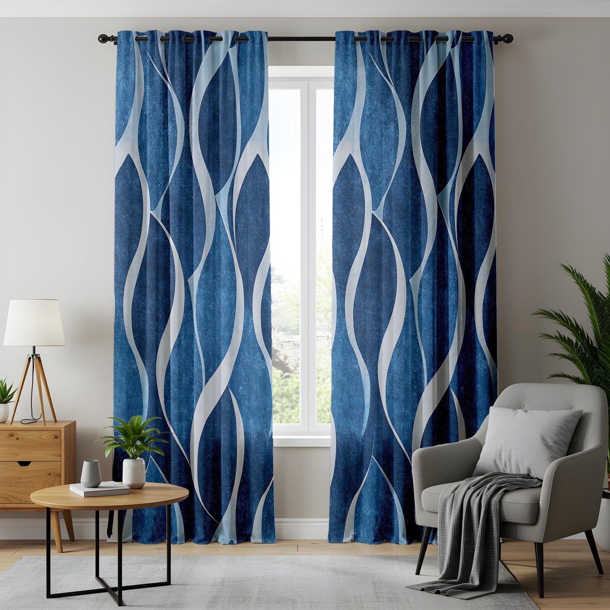 Onay Modern Blue Wave Pattern Curtains, Abstract Ocean-Inspired Window Drapes