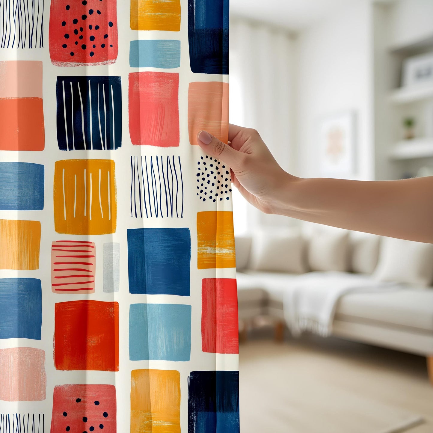 Onay Modern Geometric Curtains, Colorful Abstract Square Print Drapes