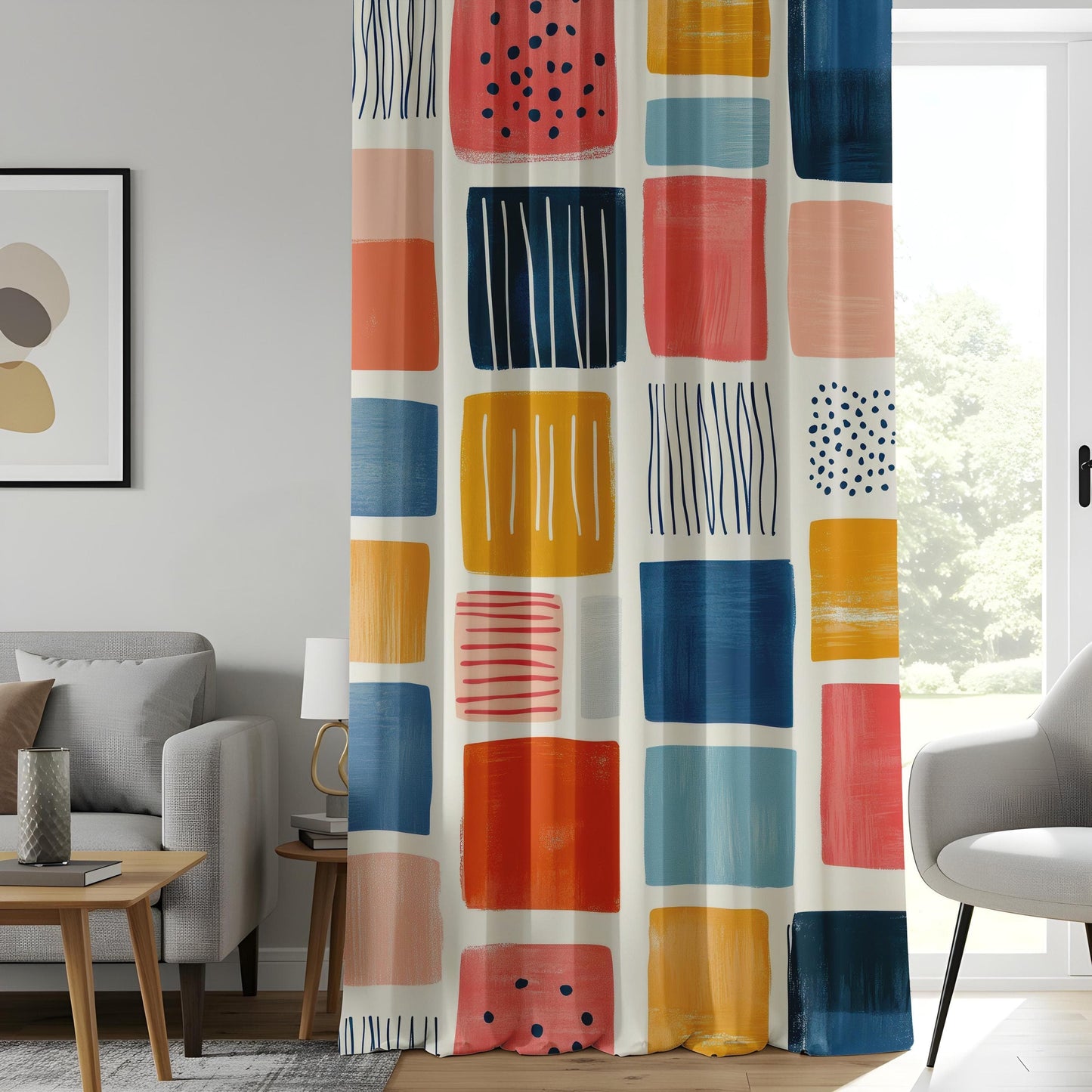 Onay Modern Geometric Curtains, Colorful Abstract Square Print Drapes