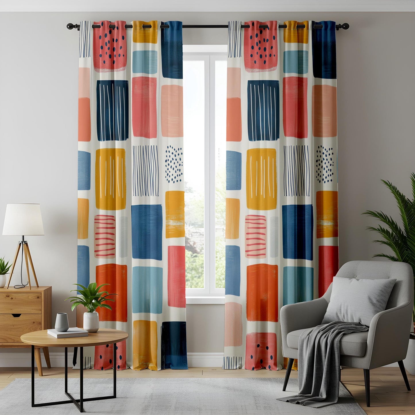 Onay Modern Geometric Curtains, Colorful Abstract Square Print Drapes