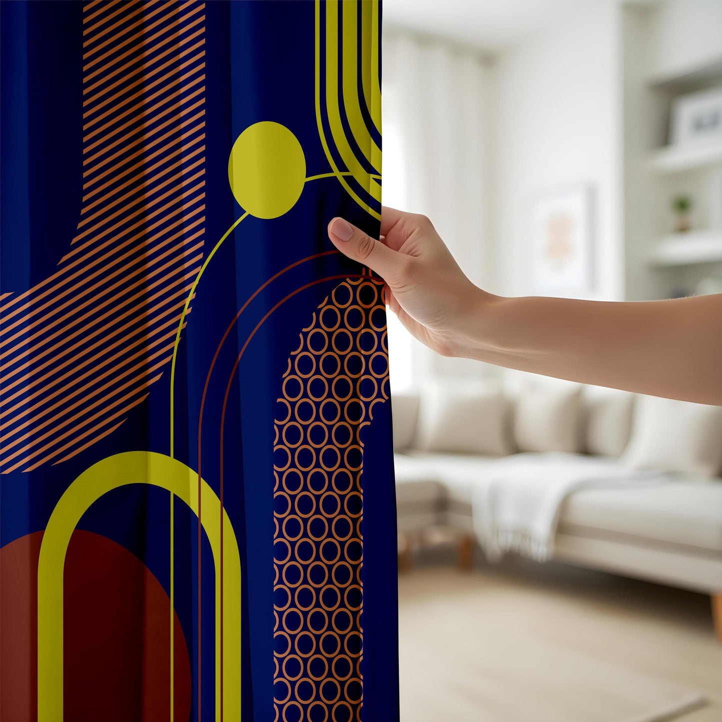 Onay Modern Geometric Living Room Curtains, Navy Blue & Yellow Abstract Drapes